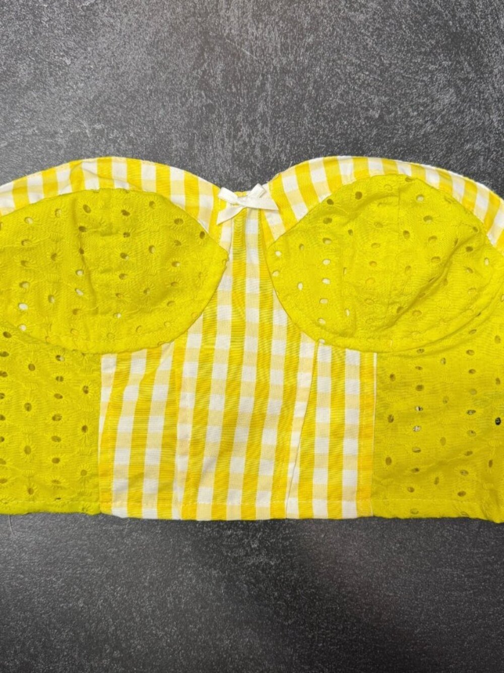 SHEIN Bustier Strapless Crop Top Size S Yellow White Gingham Embroidered